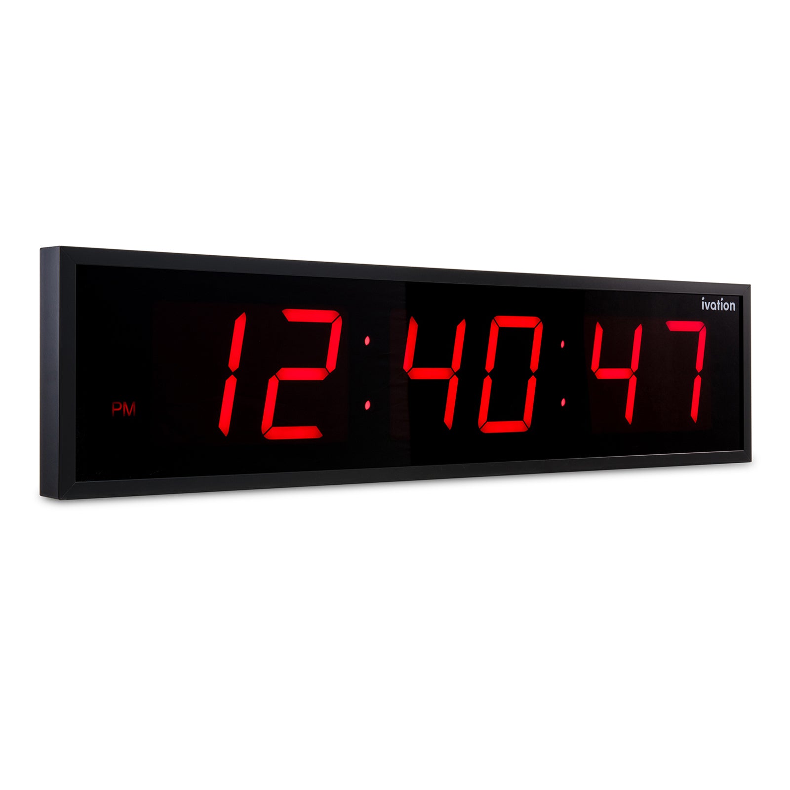 Digital clock with red LED display on a white background